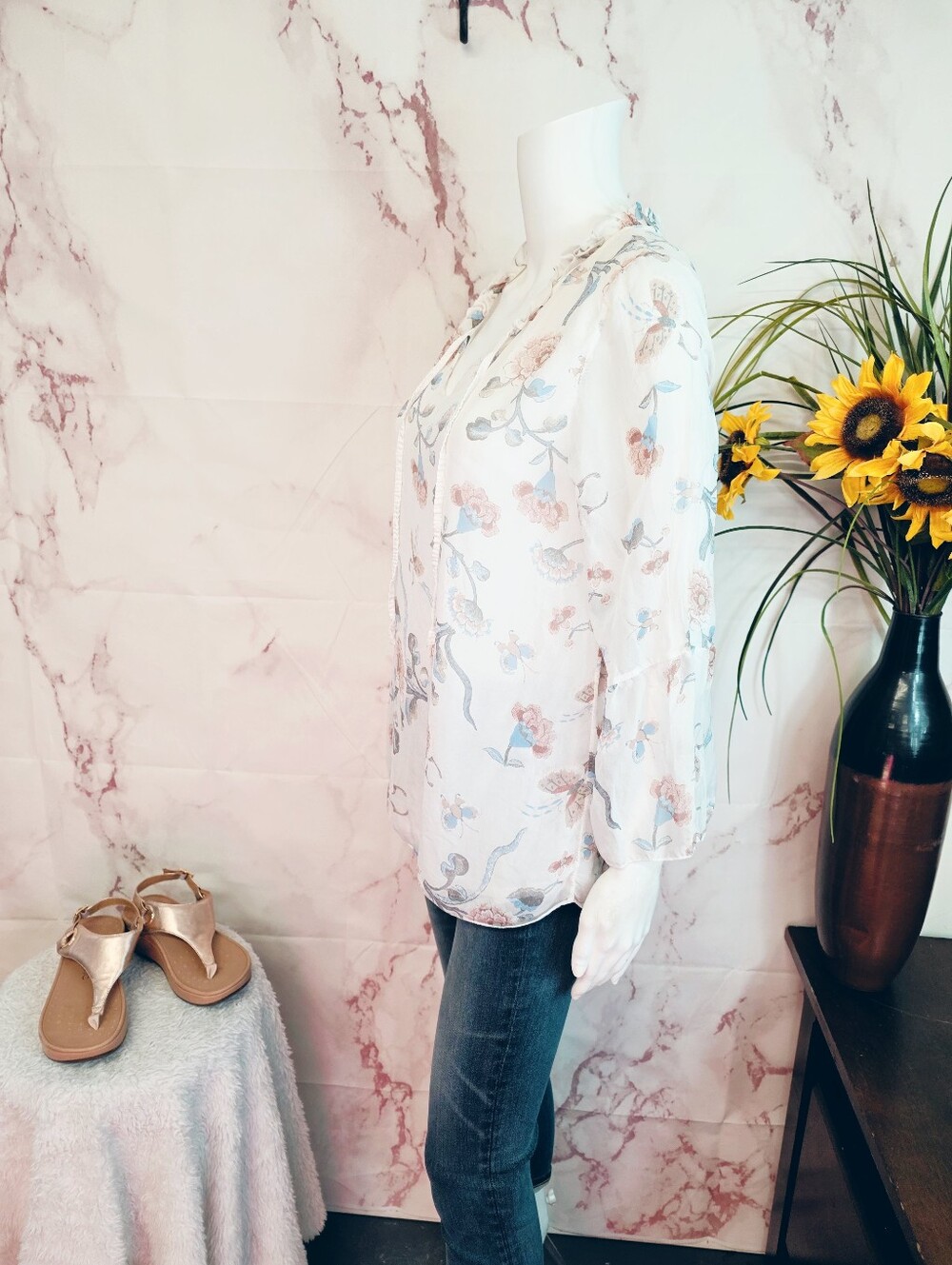 Angela Moda Made in Italy 100% Silk Floral Blouse Top L - Picture 5 of 8